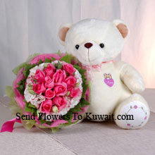 12 Pink Roses with Sweet Lovely Teddy