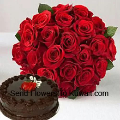 Bunch Of 24 Red Roses With Seasonal Fillers Along With 1 Lb. (1/2 Kg) Chocolate Truffle Cake