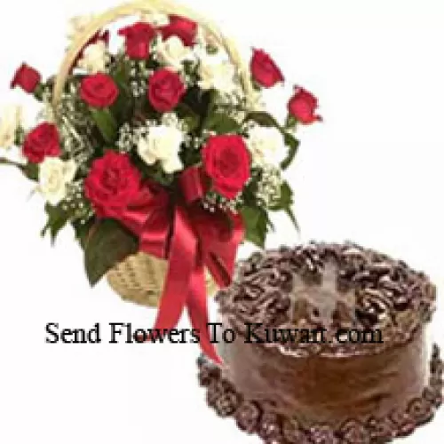 Basket Of 24 Mixed Colored Roses And A 1 Kg (2.2 Lbs) Chocolate Cake