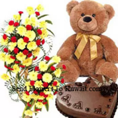 A 3 Feet Tall Arrangement Of Assorted Flowers, 1 Kg Heart Shaped Chocolate Cake And A 2 Feet Tall Teddy Bear