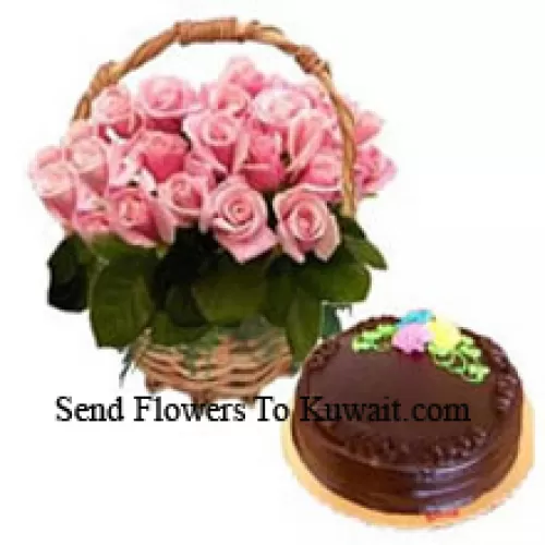 Basket Of 24 Pink Roses Along With A 1 Kg Chocolate Truffle Cake