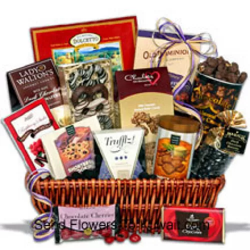 This gift basket arrives gorgeously packaged and piled high with the most delicious, award-winning chocolates you’ve ever tasted. Inside they'll find chocolate truffles, dark chocolate covered raisins, chocolate covered cherries, chocolate shortbread cookies, chocolate pecan crunch, a dark chocolate signature bar, chocolate dipped Bavarian pretzels, chocolate wafer squares, chocolate crunch shortbread cookies, dark chocolate butter wafers, chocolate almond butter crunch, chocolate covered toffee peanuts, and raspberry dark chocolate sticks. (Please Note That We Reserve The Right To Substitute Any Product With A Suitable Product Of Equal Value In Case Of Non-Availability Of A Certain Product)