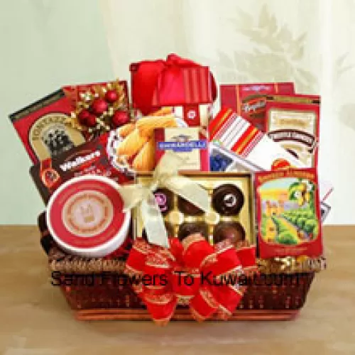 Send your wishes this Thanks Giving with our gourmet gift basket designed just for the occasion. Our delightful tray basket holds Walker's shortbread cookies, Ghirardelli chocolate assortment, Jelly Belly jelly beans, butter toffee pretzels, truffle cookies, cheese swirls, smoked almonds, cheese, English tea cookies, water crackers, and a Ghirardelli chocolate bar. The variety makes it perfect when you want to make sure there is something for everyone to enjoy. She will love the elegant presentation with a big bow on the front, and can keep the wicker basket to use long after the food has been enjoyed (Please Note That We Reserve The Right To Substitute Any Product With A Suitable Product Of Equal Value In Case Of Non-Availability Of A Certain Product)